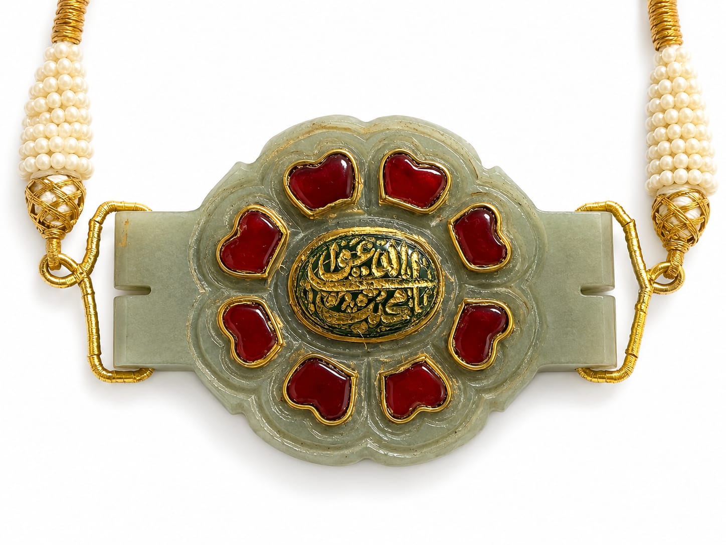 Mughal handmade islamic jade stone pendant studded with red precious stone